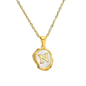 Gold stainless steel initial letter N pendant necklace with mother of pearl inlay chic jewelry.