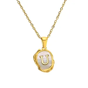 Gold stainless steel letter U necklace mother of pearl pendant chic jewelry gift ideas