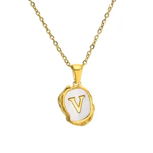 Gold stainless steel necklace with mother of pearl letter V pendant for women daily wear.