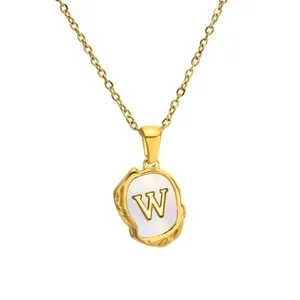 Gold stainless steel letter W pendant necklace with mother of pearl inlay chic jewelry