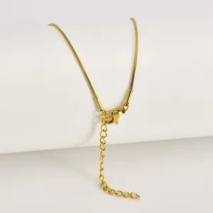 Gold snake chain necklace detail showcasing adjustable extension and lobster clasp hardware.