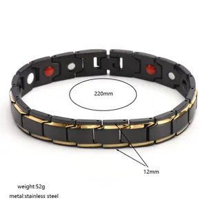 Stainless steel magnetic bracelet with black and gold design, 220mm length and 12mm width.
