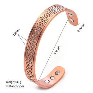 Copper magnetic therapy bangle bracelet with celtic knot design, 75mm size, 41g weight.