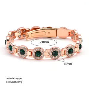Rose gold magnetic copper bracelet detail view featuring green crystal stones and size specs.