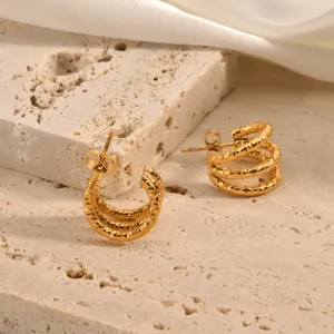 Triple layer textured gold hoop earrings for women minimalist chic fashion jewelry