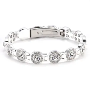 Close-up view of the exquisite rhinestone circular links and secure magnetic clasp mechanism.