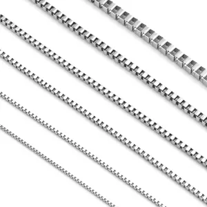 Stainless steel box chain detail view, multiple widths of silver square link chain for DIY necklace.