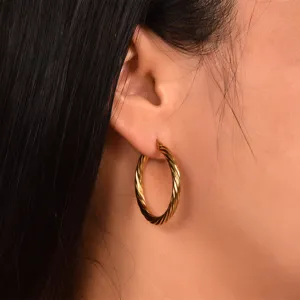 Exquisite 18k gold plated twisted hoop earrings, minimalist titanium steel C-shaped jewelry.