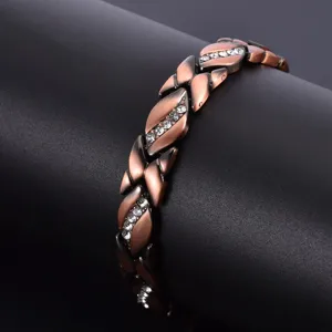 Copper Rhinestone Leaf Magnetic Bracelet Detail Close-up Elegant Health Link Jewelry