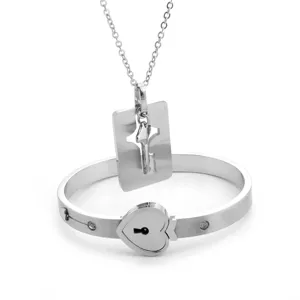 Titanium Steel Rhinestone Heart Lock Bracelet Key Pendant Necklace Set Luxury Electroplated Couple Jewelry For Valentine Day Gift