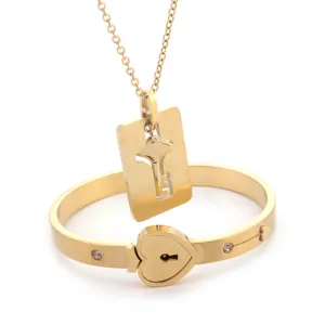 Gold stainless steel heart lock couple bracelet and key pendant necklace jewelry set