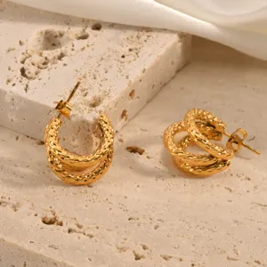 Exquisite 18K Gold Plated Titanium Steel Triple Line Twisted C-Shape Hoop Earrings for Women