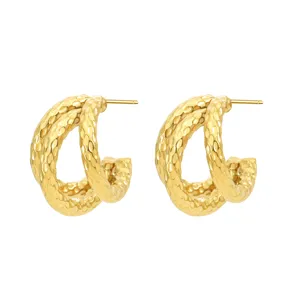 Gold plated titanium steel triple line textured C-shaped hoop earrings for women fashion