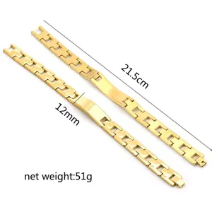 Men's gold stainless steel link bracelet 21.5cm length 12mm width detail view display.