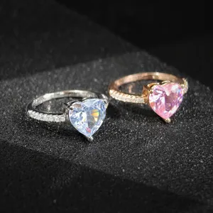Magnifique ensemble de bagues de fiançailles cœur en zircone pour femmes argent et or