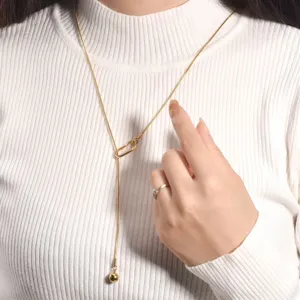 Minimalistische Titanstahl Y Form Lange Pulloverkette Halskette Für Damen Geometrische Ovale Schleife Runde Perle Anhänger Schlangenkette Luxusschmuck