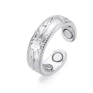 Silver magnetic open ring with plum blossom engraved pattern, fashionable couple jewelry accessory.