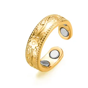 Magnetic open ring detail close-up showing exquisite plum blossom embossed pattern and inner magnets.