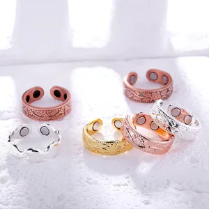 Fashionable magnetic open ring with plum blossom design, adjustable metal couple ring set.