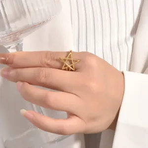 Gold five-pointed star ring detail shot, minimalist geometric finger jewelry design.