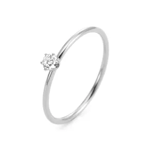 Minimalist solitaire zirconia ring detail, slim stainless steel band, elegant everyday jewelry.