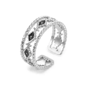 Stainless steel open ring with multi-layer twisted rope design and black enamel accents.
