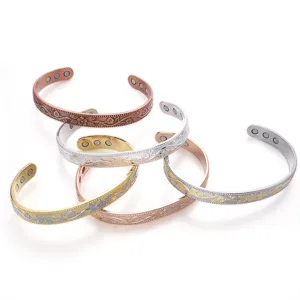Vintage magnetic therapy cuff bracelet set, retro floral carved copper metal bangles.
