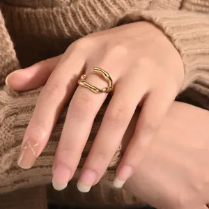 Close-up detail of the minimalist 18k gold plated stainless steel open geometric ring.