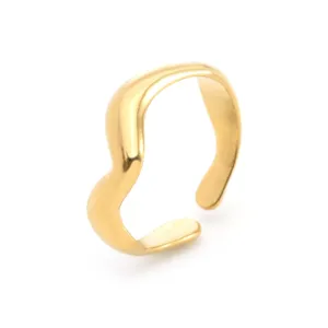 Minimalist gold stainless steel open ring with unique wavy geometric detail, chic finger jewelry.