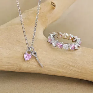 Ensemble collier et bague en zircone cœur argenté, bijou cristal rose pour femmes élégantes.