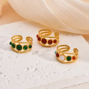 Vintage Stainless Steel Geometric Open Ring Colorful Resin Inlaid Twisted Rope Layered Finger Ring For Women Party Gift Jewelry