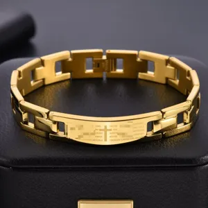 Gold stainless steel cross prayer bracelet for men fashion jewelry detail close up view
