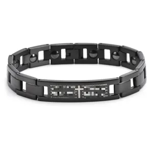 Men stainless steel magnetic cross bracelet detail, black titanium healthcare jewelry link.