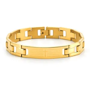 Stainless steel cross bracelet for men, gold color prayer engraved link chain fashion jewelry.