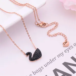 Roségold Titanstahl Schwarzer Zirkon Schwan Anhänger Halskette Elegante Damen Schmuck