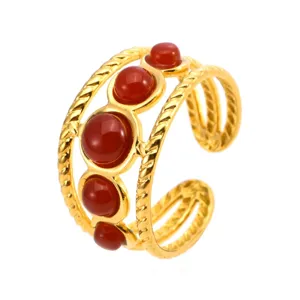 Retro gold stainless steel open ring featuring multi-layer twisted bands and red round stones.