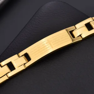 Gold stainless steel cross bracelet detail shot, elegant men's link chain jewelry design.