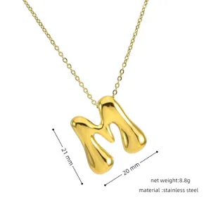 Gold stainless steel puffy bubble letter M pendant necklace, elegant and trendy jewelry.