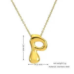 Gold titanium steel puffy letter P pendant necklace with delicate chain, 24mm size.