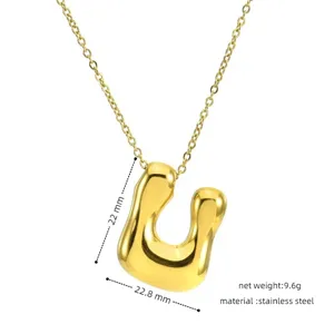 Gold stainless steel puffy letter U pendant necklace with detailed size specs for women.