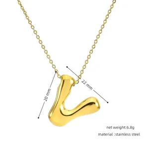 Gold stainless steel puffy letter pendant necklace, 3D bubble alphabet clavicle chain.