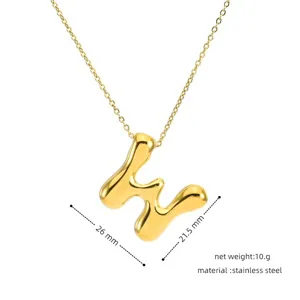 Gold stainless steel puffy letter pendant necklace, stylish chunky initial charm jewelry.