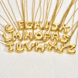 Gold titanium steel 3D puffy bubble letter pendant necklace, alphabet clavicle chain jewelry.
