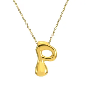 Gold Puffy Letter P Pendant Necklace Titanium Steel Bubble Initial Clavicle Jewelry Main