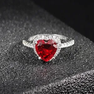 Stunning red heart gemstone ring with sparkly pave diamond halo for women romantic gift.