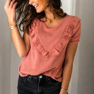 Women Ruffle Sleeve Solid Color Round Neck T-Shirt Elegant Spliced Short Sleeve Summer Loose Casual Fashion Commuter Tee Top