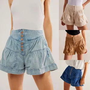 Women Summer Casual Ruffle Hem Denim Shorts High Waist Cotton Button Fly Bottom Denim Shorts With Pockets For Vacation Women Clothes
