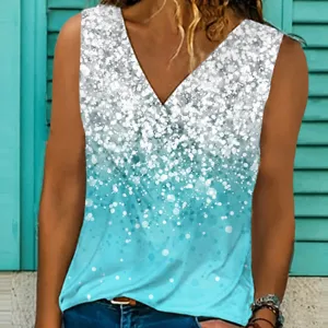 Canotta da Donna con Scollo a V Senza Maniche Stampa Strass Sfumata Estate Casual Poliestere Basic Pullover Top per Tutti i Giorni