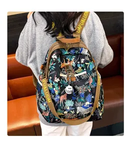 Detailed view of a fashionable printed women backpack with durable straps and stylish design.