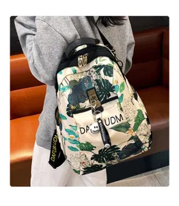 Casual women oxford cloth backpack with botanical print stylish travel daypack bag